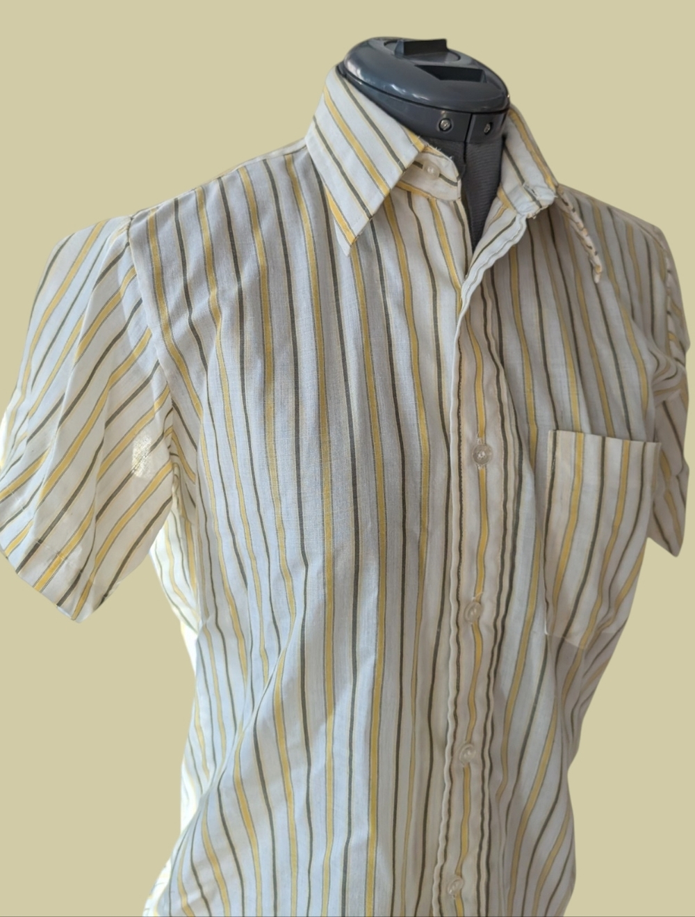 70s Vintage Boys Campus White Yellow Striped Dress Short Sleeve Shirt